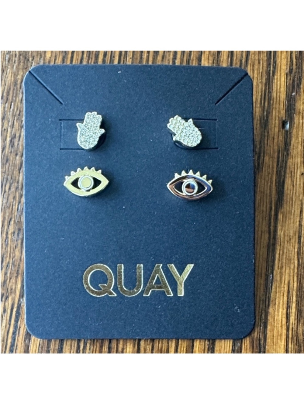 Quay Australia Gold and rhinestone Hamsa and Eye Stud Earrings